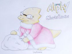  alphys anthro bag blush breasts buckteeth christmas clothed clothing english_text eyewear female fully_clothed glasses holidays hunched_over ladykappa95 leaning leaning_forward looking_at_viewer non-mammal_breasts reptile santa_coat scalie smile solo standing tail teeth text thick_tail undertale undertale_(series) 