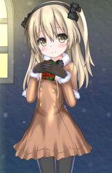  black_border black_gloves black_ribbon border bow brown_dress brown_eyes christmas closed_mouth commentary_request cowboy_shot dress female fur-trimmed_dress fur_trim gift girls_und_panzer gloves hair_ribbon hairbow highres holding holding_gift langley1000 light_brown_hair long_hair long_sleeves looking_at_viewer one_side_up outdoors ribbon shimada_arisu short_dress smile solo standing window 