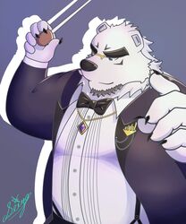  5:6 anthro bear borealis_(live_a_hero) clothing conducting_baton conductor eyebrows fur hi_res lifewonders live_a_hero male mammal overweight overweight_male polar_bear seiga_oekakicho solo suit suspenders thick_eyebrows ursine white_body white_fur 