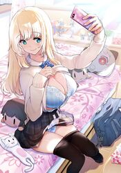  amami_amayu atago_(kancolle) bag bed black_pantyhose black_skirt blonde_hair blue_bow blue_bowtie blue_bra blue_eyes blue_panties blush bow bowtie bra breasts cellphone cleavage clothes_lift commentary_request day female figure floral_print holding holding_phone indoors kantai_collection lace lace-trimmed_panties lace_trim large_breasts lifting_own_clothes lips long_sleeves open_clothes open_shirt panties pantyhose phone pillow selfie sitting skirt skirt_lift smartphone smile solo stuffed_toy taking_picture tissue_box underwear window 