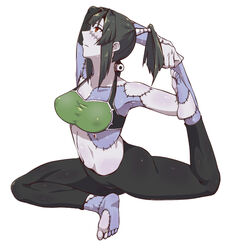  barefoot black_hair black_leggings breasts closed_mouth commentary_request feet female full_body green_sports_bra high_ponytail kunai_zenow leggings looking_up monster_girl monster_musume_no_oisha-san nagi_ria orange_eyes pants patchwork_skin pigeon_pose ponytail simple_background soles solo sports_bra stitches stretching sweat toes white_background yoga yoga_pants zombie 