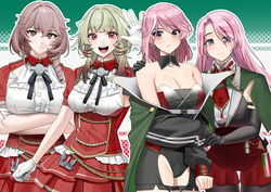  4girls akagi_kurage armpit_cutout artistic_error azur_lane black_gloves black_pantyhose bow breasts brown_hair cleavage closed_mouth clothing_cutout commission cosplay costume_switch crossed_arms crossover detached_collar drill_hair duca_degli_abruzzi_(azur_lane) duca_degli_abruzzi_(azur_lane)_(cosplay) ear_piercing elbow_gloves giuseppe_garibaldi_(azur_lane) giuseppe_garibaldi_(azur_lane)_(cosplay) giuseppe_garibaldi_(kancolle) giuseppe_garibaldi_(kancolle)_(cosplay) gloves green_hair groin highres historical_name_connection kantai_collection large_breasts layered_skirt long_hair looking_at_viewer luigi_di_savoia_duca_degli_abruzzi_(kancolle) luigi_di_savoia_duca_degli_abruzzi_(kancolle)_(cosplay) medium_breasts multiple_girls name_connection open_mouth pantyhose piercing pink_eyes pink_hair pixiv_commission red_eyes short_hair short_sleeves simple_background skirt smile white_gloves 