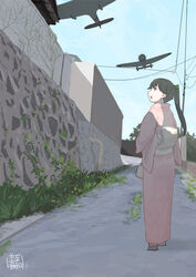  a5m aircraft airplane bag blue_sky commentary day female flying from_behind grass hair_between_eyes hair_tie house houshou_(kancolle) japanese_clothes kantai_collection kimono light long_hair long_sleeves looking_back looking_up mihama_machi moss okobo open_mouth outdoors pink_kimono plant ponytail power_lines road sandals satchel shadow signature sky smoking_pipe solo standing stone_wall tree utility_pole vines walking wall 