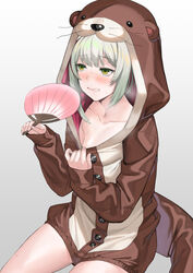  animal_costume animal_hood blush collarbone commentary_request deras female gradient_background green_eyes green_hair hand_fan highres hood hot miyu_ottavia miyu_ottavia_(1st_costume) nijisanji nijisanji_id onesie otter_costume short_hair sitting solo sweat virtual_youtuber 