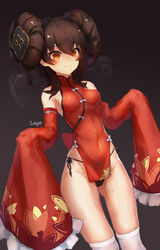  absurdres ahoge alternate_costume blush breasts brown_hair china_dress chinese_clothes detached_sleeves double_bun dress female girls&#039;_frontline hair_bun heart heart-shaped_pupils heavy_breathing highres icenight kneehighs long_hair long_sleeves medium_breasts navel official_alternate_costume orange_eyes panties photoshop_(medium) red_dress side-tie_panties skindentation sleeves_past_fingers sleeves_past_wrists socks solo sweatdrop symbol-shaped_pupils type_97_(girls&#039;_frontline) type_97_(peony)_(girls&#039;_frontline) underwear very_long_hair wide_sleeves 