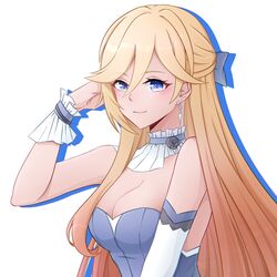  bianka_durandal_ataegina blonde_hair blue_dress blue_eyes bow breasts cleavage closed_mouth dress earrings elbow_gloves female gloves hair_between_eyes hairbow highres honkai_(series) honkai_impact_3rd jewelry jzyy299 long_hair looking_at_viewer simple_background single_glove smile solo strapless strapless_dress white_background white_gloves 