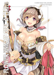  :d ahoge bare_shoulders belt bonnet bow braid breasts brown_hair cleavage commentary_request corset detached_collar dreamlight2000 dress female flower_knight_girl holding holding_bow_(ornament) large_breasts looking_at_viewer mugi_(flower_knight_girl) open_mouth pig purple_eyes red_bow shiny_skin short_hair smile solo strapless strapless_dress twin_braids wheat 