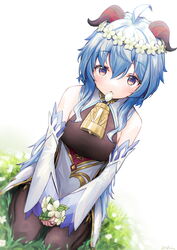  ahoge bare_shoulders bell black_legwear blue_hair blush breasts detached_sleeves ebiri_fy female flower flower_in_mouth ganyu_(genshin_impact) genshin_impact gold_trim hair_flower hair_ornament highres holding holding_flower horns looking_at_viewer medium_breasts multicolored_eyes neck_bell qingxin_flower seiza sidelocks sitting solo thighlet white_flower white_sleeves 