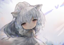  :d animal_ears animal_hands bad_id bad_pixiv_id bare_shoulders breasts brown_eyes commentary_request cottontailtokki dress female gloves grey_hair hair_between_eyes hand_up head_tilt heart high_ponytail highres ladica_(shadowverse) looking_at_viewer open_mouth paw_gloves ponytail shadowverse sleeveless sleeveless_dress small_breasts smile solo white_dress white_gloves 