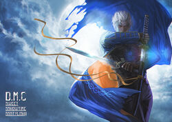  1boy black_pants blue_coat coat commentary_request covered_mouth devil_may_cry_(series) devil_may_cry_3 dual_wielding et.m fingerless_gloves fingernails force_edge_(dmc) glint gloves holding holding_sword holding_weapon katana male_focus open_clothes open_coat pants photoshop_(medium) serious sheath solo sword torn_clothes torn_coat trench_coat unsheathed unsheathing vergil_(devil_may_cry) weapon white_hair 