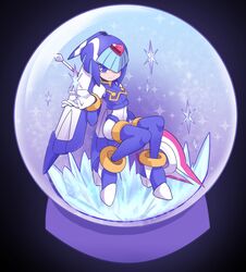  android bad_id bad_twitter_id blue_eyes boots commentary_request crop_top fairy_leviathan_(mega_man) female helmet high_heels highres holding holding_weapon ice in_container mega_man_(series) mega_man_zero_(series) omeehayo polearm sitting smile snow_globe solo spear thigh_boots thighhighs weapon 