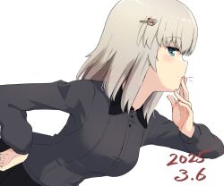  bear_hair_ornament blue_eyes blush boko_(girls_und_panzer) buchikaki closed_mouth dated female finger_to_mouth girls_und_panzer hair_ornament hand_on_own_hip itsumi_erika kuromorimine_military_uniform medium_hair military_uniform nail_polish simple_background smile solo white_background white_hair 