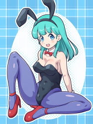  animal_ear_hairband animal_ears aqua_eyes aqua_hair black_leotard bow bowtie breasts bulma_briefs cleavage covered_navel detached_collar dragon_ball dragon_ball_(classic) fake_animal_ears female full_body hairband haru_kanata high_heels highleg highleg_leotard highres leotard long_hair medium_breasts pantyhose plaid_background playboy_bunny purple_pantyhose rabbit_ears red_bow red_bowtie red_shoes shoes solo strapless strapless_leotard strappy_heels wrist_cuffs 