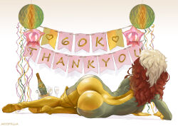  alva_(artofalva) artist_name ass bodysuit brown_hair commentary english_commentary female from_behind gloves highres long_hair marvel multicolored_hair rogue_(x-men) solo star_balloon superhero_costume thank_you two-tone_bodysuit two-tone_hair white_hair wide_hips x-men x-men:_the_animated_series yellow_gloves 