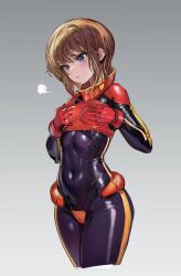  black_bodysuit blue_eyes blush bodysuit breasts covered_navel female gloves grabbing_own_breast gundam gundam_zz highres huo_ji_wu impossible_bodysuit impossible_clothes mecha_pilot_suit normal_suit_(gundam) orange_hair puru_two shiny_clothes short_hair sidelocks skin_tight small_breasts solo standing 