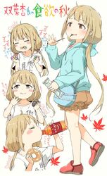  arm_up autumn_leaves bag blue_hoodie blush bottle brown_eyes brown_shorts candy closed_mouth clothes_writing collarbone commentary_request doughnut drinking drooling english_text female food futaba_anzu gomennasai holding holding_bottle holding_food hood hood_down hoodie idolmaster idolmaster_cinderella_girls leaf licking_lips light_brown_hair long_hair looking_to_the_side low_twintails maple_leaf multiple_views ohagi_(food) parted_lips pocky profile puffy_shorts red_footwear saliva shirt shoes short_shorts short_sleeves shorts shoulder_bag simple_background smile standing standing_on_one_leg tongue tongue_out translated twintails very_long_hair white_background white_shirt you_work_you_lose 