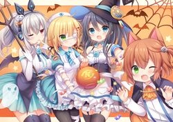  4girls :d :o ;3 ;d ;p absurdres animal_ear_headphones animal_ears ann_(krt_girls) apron armband artist_request ascot bandages bare_shoulders bat_(animal) bat_wings black_hair black_legwear blonde_hair blue_dress blue_eyes blue_flower blue_neckwear blue_rose blue_skirt blush bow breasts candy cape cat_ears center_frills claw_pose collarbone collared_shirt commentary_request corset cowboy_shot detached_collar dress elbow_gloves emilia_(krt_girls) eyepatch fake_animal_ears fangs finger_to_tongue flower food frilled_apron frilled_gloves frills garter_straps ghost gloves green_eyes grey_hair hair_ornament hair_ribbon hairclip halloween hat headphones headset highres hina_gyuunyuu holding krt_girls large_breasts lollipop long_hair long_sleeves looking_at_viewer low_twintails medical_eyepatch multiple_girls nana_(krt_girls) neck_flower necktie nut_(hardware) nut_hair_ornament official_art one_eye_closed one_side_up open_mouth orange_ascot orange_background orange_hair outside_border outstretched_arm pantyhose parted_lips pocket polearm ponytail puffy_short_sleeves puffy_sleeves rabbit_ear_headphones red_eyes ribbon rose second-party_source shirt short_hair short_necktie short_sleeves sidelocks silk skirt skull skull_hair_ornament sleeveless sleeveless_shirt small_breasts smile spider_web standing star_(symbol) striped striped_necktie suspenders swirl_lollipop thighhighs tongue tongue_out trident twintails v-shaped_eyebrows waist_apron weapon white_apron white_shirt wing_collar wings witch_hat x_hair_ornament xiao_qiong zettai_ryouiki 