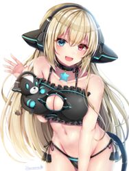  :d aqua_eyes artist_name black_bra black_panties blonde_hair blush borrowed_character bra breasts choker cleavage collarbone commentary_request female frilled_bra frills groin hair_between_eyes heterochromia large_breasts leaning_forward long_hair looking_at_viewer manana_(matoi1111) navel neon_trim open_mouth panties phantasy_star phantasy_star_online_2 red_eyes smile solo star_(symbol) tail underwear very_long_hair white_background 