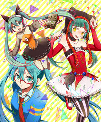  3girls cat_food_(vocaloid) commentary glasses green_eyes green_hair hatsune_miku headphones heartbeat_(module) long_hair monochro_blue_sky_(vocaloid) multiple_girls necktie odds_&amp;_ends_(vocaloid) open_mouth pantyhose paw_pose pierretta_(module) project_diva_(series) project_diva_f robot skirt striped_background striped_clothes striped_pantyhose thighhighs twintails vertical-striped_clothes vertical-striped_pantyhose very_long_hair vocaloid yamano yellow_eyes 