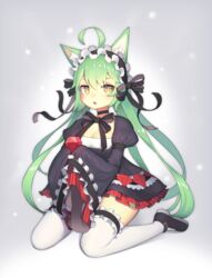  absurdres ahoge akashi_(azur_lane) akashi_(the_black_cat_cometh!)_(azur_lane) animal_ears azur_lane bad_id bad_pixiv_id black_bow bow cat_ears choker female gem gem_(azur_lane) green_hair hair_between_eyes highres holding lolita_fashion mole mole_under_eye official_alternate_costume pepper0 red_gemstone ribbon_choker sleeves_past_fingers sleeves_past_wrists solo thighhighs 