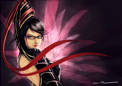  backless_outfit bayonetta bayonetta_(character) black_bodysuit black_hair bodysuit breasts chains female glasses hair_ribbon lips long_hair looking_at_viewer looking_back medium_breasts necrothesin red_hair_ribbon red_lipstick red_ribbon signature solo strap witch 