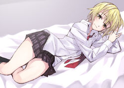  aiura bad_id bad_pixiv_id blonde_hair female iwasawa_saki kneehighs looking_at_viewer lying matsuryuu necktie on_side photoshop_(medium) school_uniform short_hair skirt smile socks solo yellow_eyes 