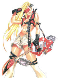  :p bare_shoulders blonde_hair breasts cosplay covered_eyes cutoffs electric_guitar female fingerless_gloves forehead_protector gloves guilty_gear guitar instrument ishiwatari_daisuke kneehighs long_hair marker_(medium) medium_breasts midriff navel official_art open_fly original photoshop_(medium) revealing_clothes shorts single_sleeve socks sol_badguy sol_badguy_(cosplay) solo tongue tongue_out traditional_media underboob unzipped vest white_shorts 