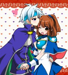  1boy ;o arle_nadja armor armored_dress blue_capelet blue_eyes blue_headband blue_skirt blush brown_eyes brown_hair cape capelet chika009 commentary_request couple female half_updo headband heart heart_background holding_hands madou_monogatari one_eye_closed puyopuyo schezo_wegey short_hair skirt straight white_hair 