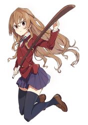  aisaka_taiga bokken brown_eyes brown_hair commentary female long_hair oohashi_high_school_uniform school_uniform solo sword thighhighs toradora! tsukugu weapon wooden_sword 