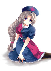  braid breasts commentary_request dress female grey_hair hat highres long_braid long_hair medium_breasts multicolored_eyes nurse_cap pantyhose photoshop_(medium) smile solo touhou usuusu white_background yagokoro_eirin 