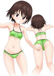  ass bad_id bad_twitter_id bare_arms bare_legs bare_shoulders bikini breasts brown_eyes brown_hair cameltoe female from_behind gin&#039;you_haru girls_und_panzer green_bikini grin halterneck highres inactive_account isobe_noriko looking_at_viewer multiple_views navel short_hair simple_background small_breasts smile stomach swimsuit white_background 