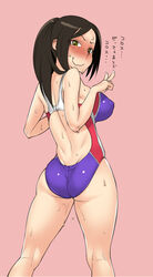  ass back bad_id bad_pixiv_id bare_shoulders black_hair blush breasts brown_eyes competition_swimsuit embarrassed female idolmaster idolmaster_cinderella_girls kneepits large_breasts long_hair looking_at_viewer looking_back mukai_takumi one-piece_swimsuit oohara_kyuutarou ponytail solo swimsuit translated v wavy_mouth wet 