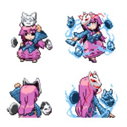  blue_eyes blue_fire bow bubble_skirt chibi commentary_request female fire fox_mask full_body hannya hata_no_kokoro hemogurobin_a1c long_hair long_skirt long_sleeves looking_at_viewer lowres mask new_mask_of_hope noh_mask pixel_art plaid plaid_shirt purple_hair shirt simple_background skirt smile solo standing tengu_mask touhou touhou_ningyougeki white_background 