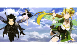  adachi_shingo cleavage dress kirito leafa pointy_ears sword sword_art_online thighhighs wings yui_(sword_art_online) 