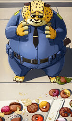  4_fingers anthro belt benjamin_clawhauser cheetah claws clothing dessert disney doughnut eyebrows eyewear felid feline fingers food hidden_mickey inubikko male male_anthro mammal necktie overweight overweight_anthro overweight_male pastry police police_uniform raised_inner_eyebrows sad solo sunglasses toe_claws uniform whiskers zootopia 