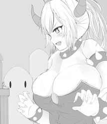  alicemagic blonde_hair bowser bowsette bracelet breasts cleavage collar excited giantess giga_bowser horns huge_breasts jewelry mario mario_(series) monochrome mountain nintendo oerba_yun_fang scared size_difference spikes super_smash_bros. tower 