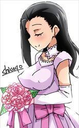  artist_name black_hair blush bouquet chicago-x closed_eyes commentary_request covered_nipples dress duel_masters earrings elbow_gloves female flower gloves highres jewelry long_hair purple_dress rose simple_background smile solo takigawa_lulu white_background white_gloves 