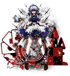  albino apron bobby_socks braid bridal_garter chika009 commentary_request cup female frills full_body grey_hair hair_ribbon izayoi_sakuya knife maid maid_headdress pocket_watch red_eyes ribbon shoes short_hair skirt smile socks solo tea_set teacup touhou tray tress_ribbon watch 