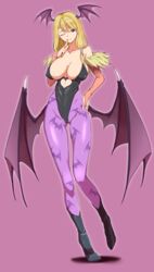  ;) animal_print bare_shoulders bat_print bat_wings blonde_hair breasts bridal_gauntlets brown_eyes cleavage clothing_cutout commentary_request cosplay covered_navel covered_nipples female finger_to_mouth fushimi_yuyu hand_on_own_hip head_wings heart_cutout highres large_breasts leotard long_hair looking_at_viewer low_twintails morrigan_aensland morrigan_aensland_(cosplay) one_eye_closed pantyhose print_pantyhose purple_background purple_pantyhose salad_tokutaro smile solo standing standing_on_one_leg twintails usotsuki_mii-kun_to_kowareta_maa-chan vampire_(game) wings 