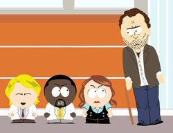  3boys allison_cameron black_hair blonde_hair brown_eyes brown_hair commentary eric_foreman facial_hair female gregory_house house_m.d. jacket kuriyakin lab_coat long_hair male_focus multiple_boys parody robert_chase short_hair south_park stubble style_parody toon_(style) 