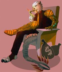  anthro bionic_arm bionics biped cigar claws clothed clothing cybernetic_arm cybernetic_leg cybernetic_limb dragon feet horn jeanwoof male money mythological_creature mythological_scalie mythology necktie prosthetic scalie sitting smoking solo tail toe_claws toes 