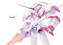  banchengping@126 breasts character_name closed_mouth commentary_request copyright_name cowboy_shot darling_in_the_franxx female highres holding holding_weapon horns lance legs_apart mecha medium_breasts no_nose polearm robot simple_background single_horn solo standing strelizia weapon white_background 