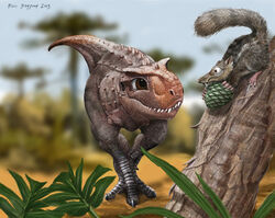  2013 3_toes 4_toes abelisaurid ambiguous_gender biped black_claws blurred_background brown_body brown_eyes brown_fur brown_nose brown_scales brown_tail carnotaurus claws cronopio_(species) curious digital_media_(artwork) digital_painting_(artwork) dinosaur duo earhole extinct eye_contact fangs feet feral fern frown fur holding_object leaning leaning_forward light lighting looking_at_another mammal markings multicolored_body multicolored_scales nature orange_body orange_scales orange_tail outside pinecone pink_body pink_skin plant predator/prey prehistoric_species psithyrus quadruped reptile ring_(marking) ringed_tail sabertooth_(anatomy) sand scales scalie scared shadow sharp_teeth signature size_difference sky smile snout spiked_tail spikes spikes_(anatomy) standing striped_markings striped_tail stripes tail tail_markings teeth theropod toe_claws toes tree two_tone_body two_tone_scales two_tone_tail wide_eyed young young_feral 