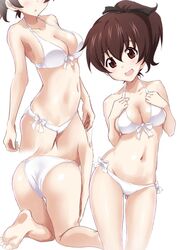  ass ass_visible_through_thighs bad_id bad_twitter_id bare_arms bare_legs bare_shoulders barefoot bikini black_ribbon blush breasts brown_eyes brown_hair cleavage collarbone contrapposto feet female front-tie_bikini_top front-tie_top gin&#039;you_haru girls_und_panzer hair_ribbon halterneck hands_on_own_chest highres inactive_account kneeling koyama_yuzu large_breasts legs looking_at_viewer multiple_views navel open_mouth ponytail ribbon simple_background smile soles stomach swimsuit thighs white_background white_bikini 