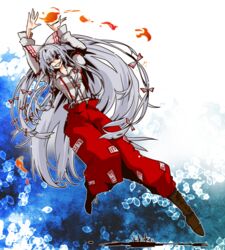  arms_up boots bow chika009 commentary_request female fire fujiwara_no_mokou full_body grey_hair grin hairbow long_hair one_eye_closed pants red_eyes smile solo suspenders touhou 