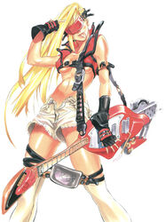  :p absurdres bare_shoulders blonde_hair breasts cosplay covered_eyes cutoffs electric_guitar female fingerless_gloves forehead_protector gloves guilty_gear guitar highres instrument ishiwatari_daisuke kneehighs lips long_hair marker_(medium) medium_breasts midriff navel official_art open_fly original photoshop_(medium) revealing_clothes scan shorts single_sleeve socks sol_badguy sol_badguy_(cosplay) solo tongue tongue_out traditional_media underboob unzipped vest whammy_bar white_shorts 