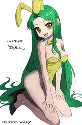  animal_ears bare_legs bow bowtie breasts chuunenpi commentary_request detached_collar female green_hair kneeling long_hair official_alternate_costume open_mouth playboy_bunny rabbit_ears solo suzumiya_haruhi_no_yuuutsu tsuruya very_long_hair yellow_eyes 