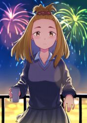  aerial_fireworks bangs_pinned_back blonde_hair blush cardigan commentary_request cup disposable_cup female fireworks forehead hair_bun hair_ornament hair_pulled_back hair_scrunchie hairband highres holding holding_cup night night_sky okada_akane outdoors railing red_scrunchie school_uniform scrunchie single_hair_bun skirt sky solo standing thick_eyebrows watashi_ga_motenai_no_wa_dou_kangaetemo_omaera_ga_warui! xion_(pulilulu) yellow_eyes 