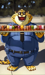  3:5 anthro benjamin_clawhauser cheetah clothing dessert disney doughnut eyebrows eyewear felid feline food happy inubikko male male_anthro mammal open_mouth overweight overweight_anthro overweight_male pastry police police_uniform raised_eyebrows solo sunglasses uniform zootopia 