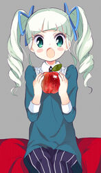  aikatsu! aikatsu!_(series) apple blush commentary_request drill_hair female food fruit green_eyes hair_ribbon hidejiu highres long_hair oerba_yun_fang open_mouth photoshop_(medium) ribbon simple_background sitting solo todo_yurika twin_drills white_hair 